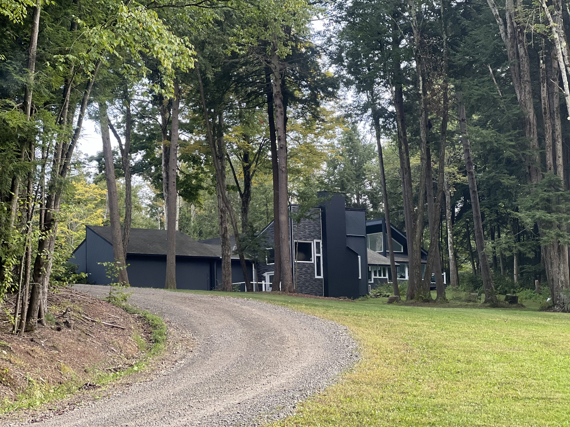A curved gravel driveway leading up to a house among tall trees